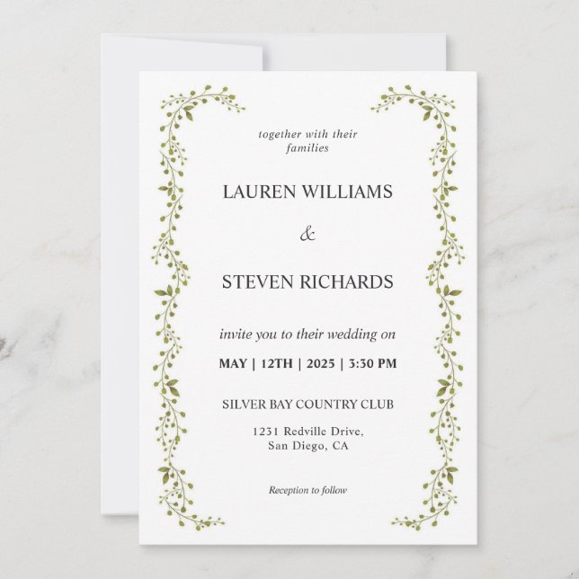 Custom White Green Leaf Border Wedding Einladung (Vorderseite)