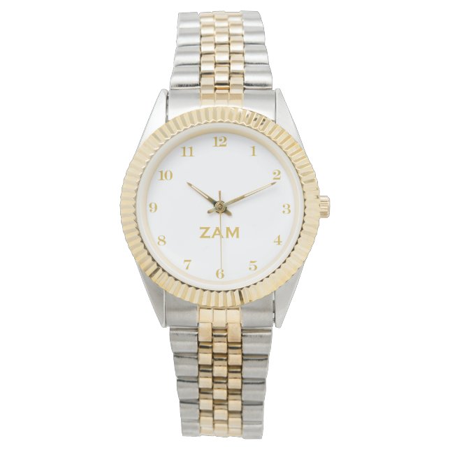 Custom white Monogrammed Gold Silver Tone Bracelet Armbanduhr (Vorderseite)