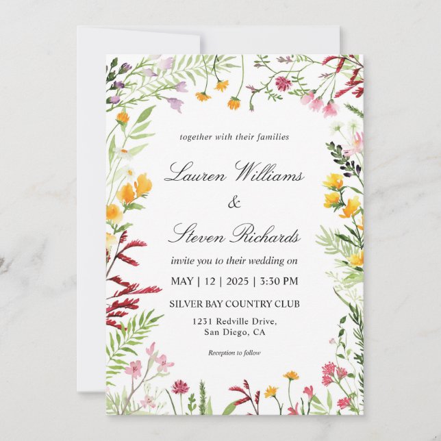 Custom White Multicolor Meadow Blume Hochzeit Einladung (Vorderseite)