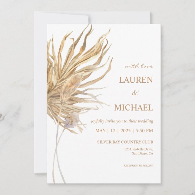 Custom White Papyrus and Pampas Wedding Einladung (Vorderseite)
