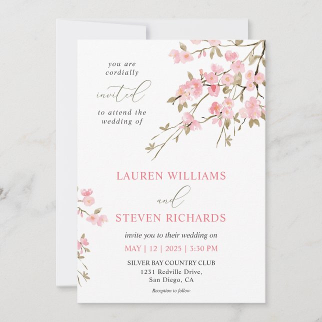 Custom White Pink Cherry Blossom Hochzeit Einladung (Vorderseite)