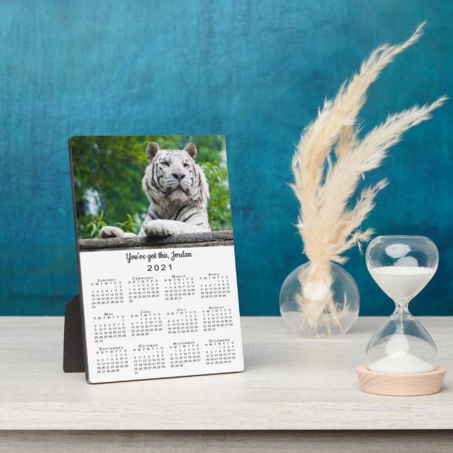 Custom White Tiger Foto and Name 2021 Calendar Fotoplatte (Seite)