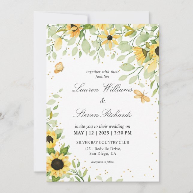 Custom White Yellow Sunflowers & Butterfly Wedding Einladung (Vorderseite)