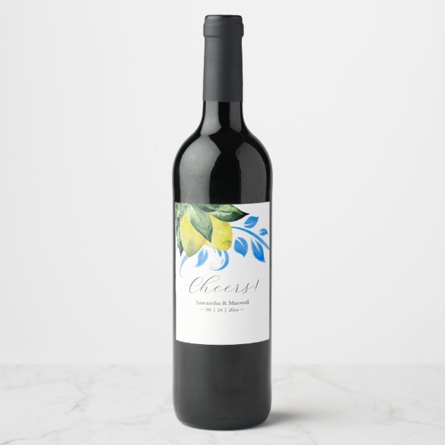 Custom Wine Labels Lemons Blau und Gelb Weinetikett (Vorderseite)