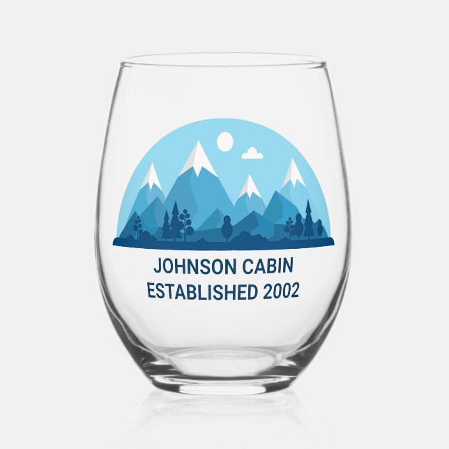 Custom Winter Family Kabine Blue Snowy Mountain Weinglas Ohne Stiel (Vorderseite)