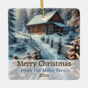 Custom Winter Log Kabine auf einem Schneefest Weih Keramikornament