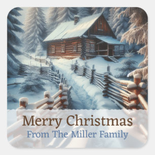 Custom Winter Log Kabine auf einem Schneefest Weih Quadratischer Aufkleber