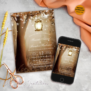 Custom Wood Trees String Lights Rustic Wedding Einladung