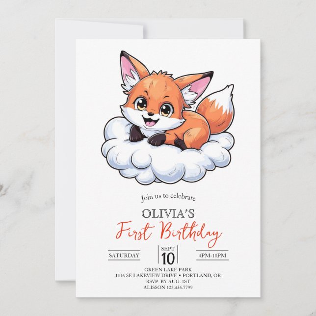 Custom Woodland Digital Fox 1. Geburtstag Einladung (Vorderseite)