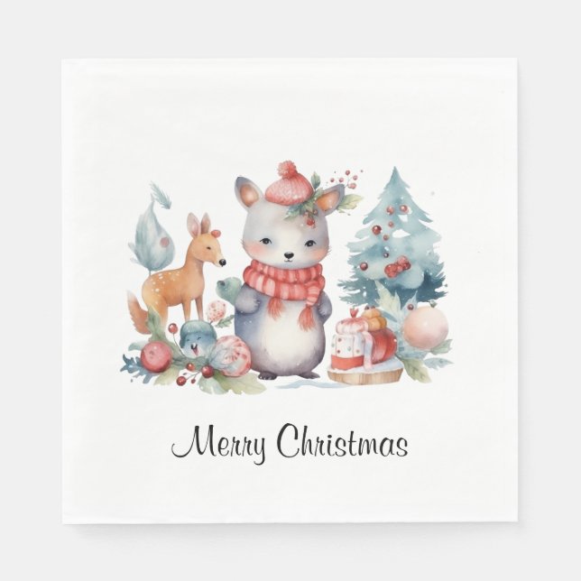 Custom Woodland Tiere Weihnachten Wasserfarben Kun Serviette (Vorderseite)