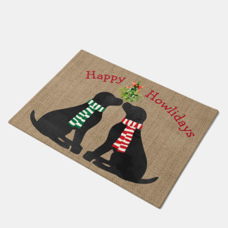 Custom Xmas Black Labradors Mistletoe Tan Burlap Fußmatte