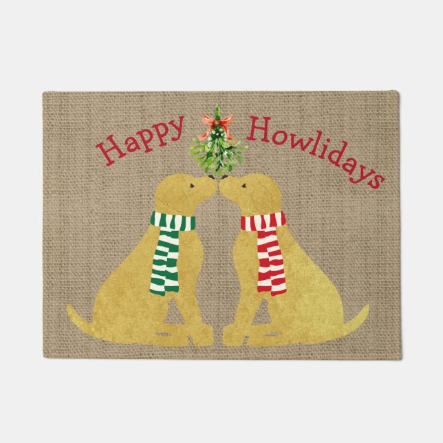Custom Xmas Golden Retrievers Mistletoe Tan Burlap Fußmatte (Vorderseite)