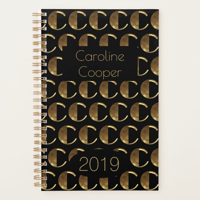 Custom Year 2019 Black Gold Monogram C Elegant Planer (Vorderseite)