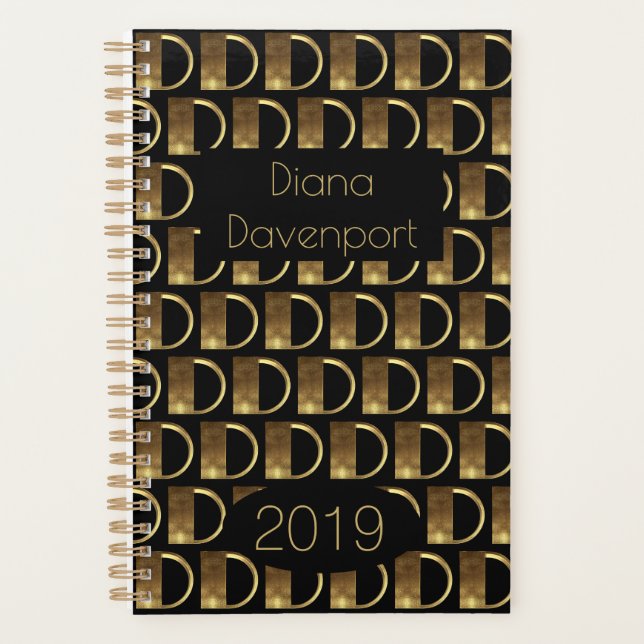Custom Year 2019 Black Gold Monogram D Elegant Planer (Vorderseite)