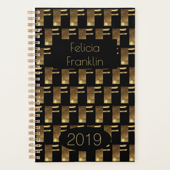 Custom Year 2019 Black Gold Monogram F Elegant Planer (Vorderseite)