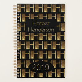 Custom Year 2019 Black Gold Monogram H Elegant Planer