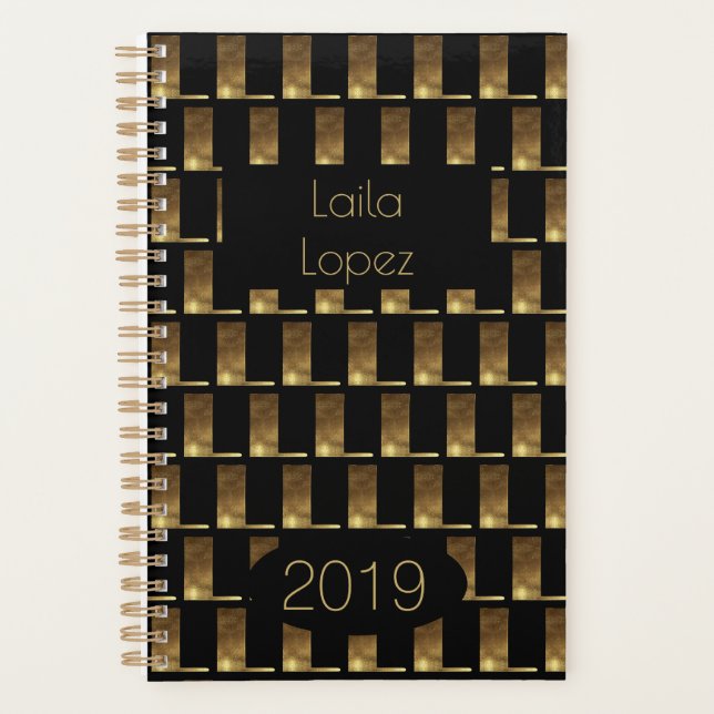 Custom Year 2019 Black Gold Monogram L Elegant Planer (Vorderseite)
