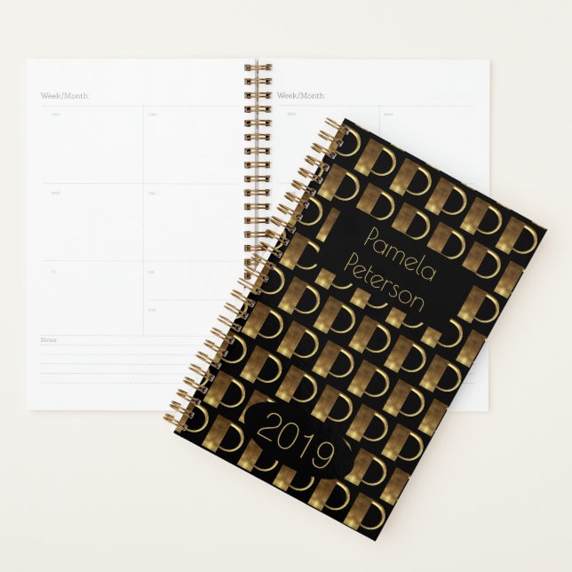Custom Year 2019 Black Gold Monogram P Elegant Planer (Anzeige)