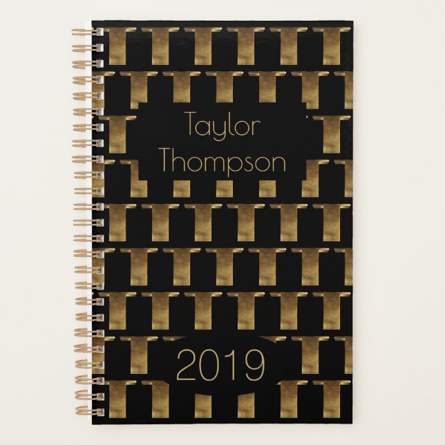 Custom Year 2019 Black Gold Monogram T Elegant Planer (Vorderseite)