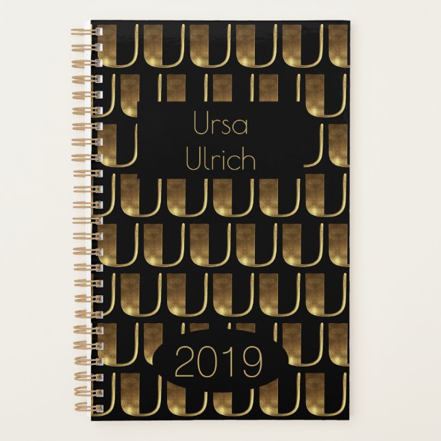 Custom Year 2019 Black Gold Monogram U Elegant Planer (Vorderseite)