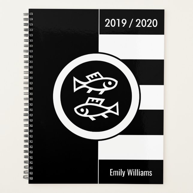 Custom Year Zodiac Sign Pisces Schwarz-Weiß Planer (Vorderseite)