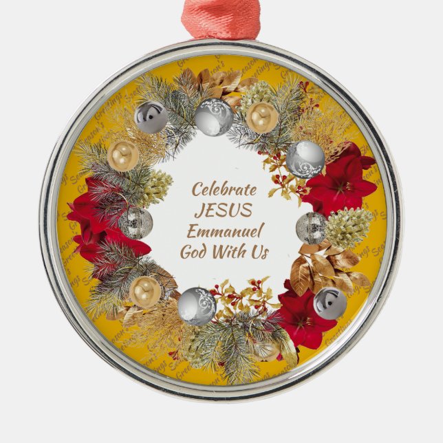 Custom Yellow CELEBRATE JESUS Weihnachtskranz Ornament Aus Metall (Vorne)