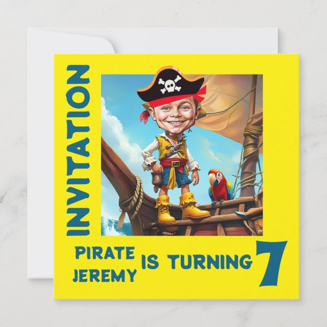 Custom Yellow Pirate 7th Birthday Boy Caricature Einladung (Vorderseite)