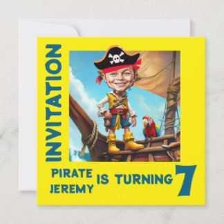 Custom Yellow Pirate 7th Birthday Boy Caricature Einladung