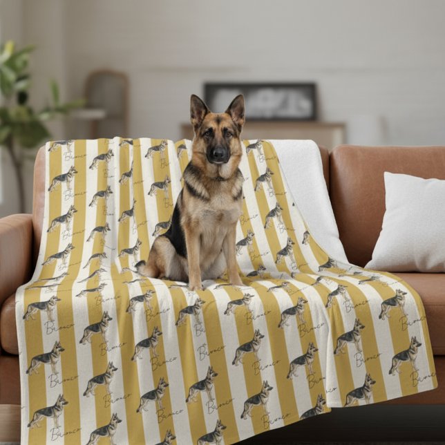 Custom Yellow Stripe German Shepherd Pet Name Fleecedecke (Get cozy with this "Custom Yellow Stripe German Shepherd Pet Name Fleece Blanket"! )