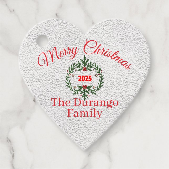 Customisable Christmas Festive Floral Wreath Heart Geschenkanhänger (Vorderseite)