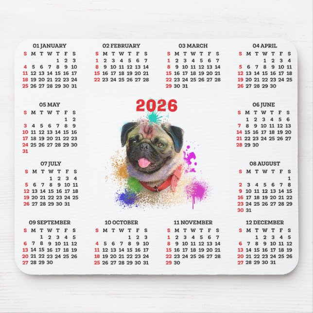 Customisable Cute Pug Dog Calendar  Mousepad (Vorne)