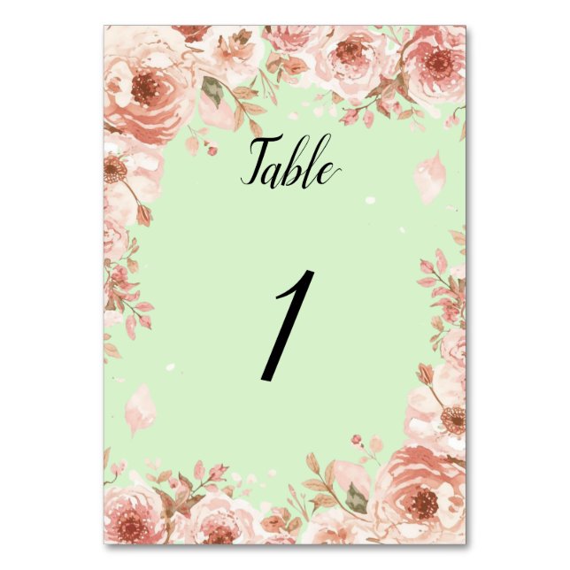 Customisable Floral Wedding mint and Pink Roses  Tischnummer (Vorderseite)