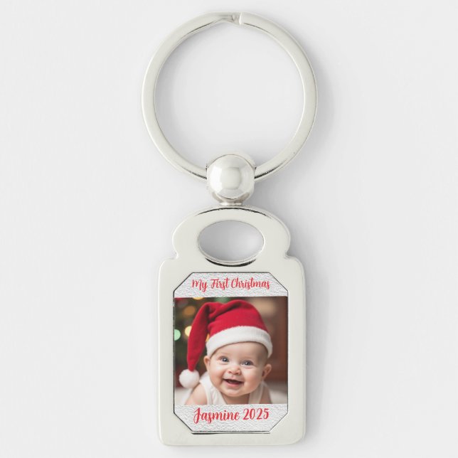 Customisable Rectangle Metal Baby First Christmas Schlüsselanhänger (Vorderseite)