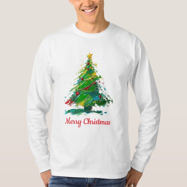 Customisable Xmas Tree Oil Painting Longsleeve T-Shirt (Vorderseite)