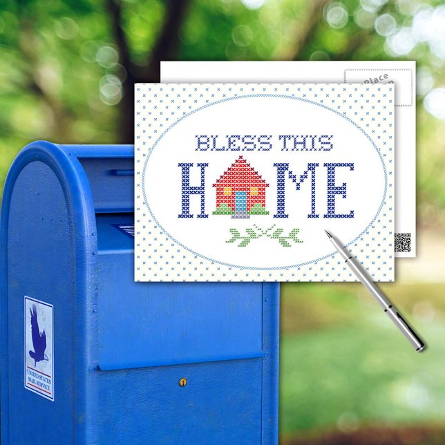 Customiser votre carte postale (Share a bit of home with our "Bless This Home" postcard, featuring an original cross-stitch design. )