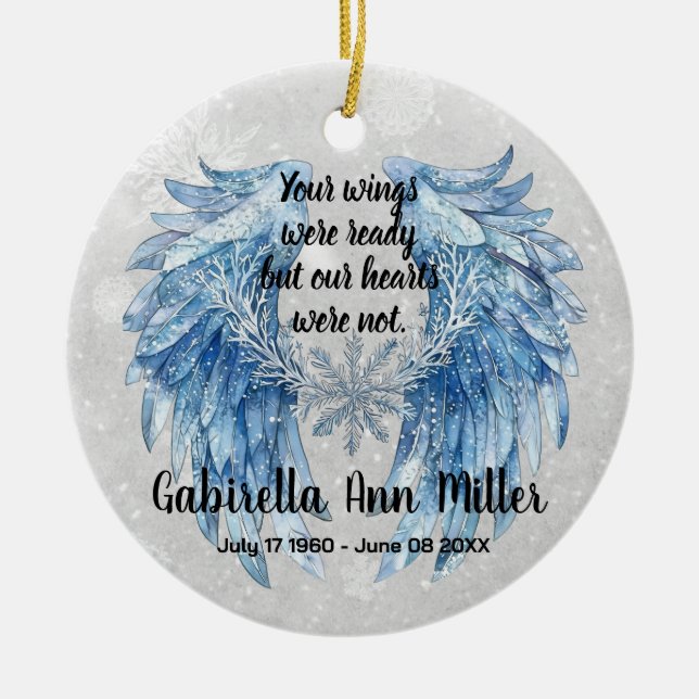 Customizable Angel Wings Memorial with Snowflake Keramik Ornament (Vorne)
