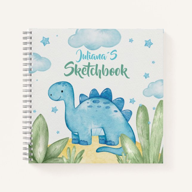 Customizable Blue Dinosaur Sketchbook Notizbuch (Vorderseite)