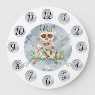 Customizable Blue Raccoon Nursery Clock Large Große Wanduhr