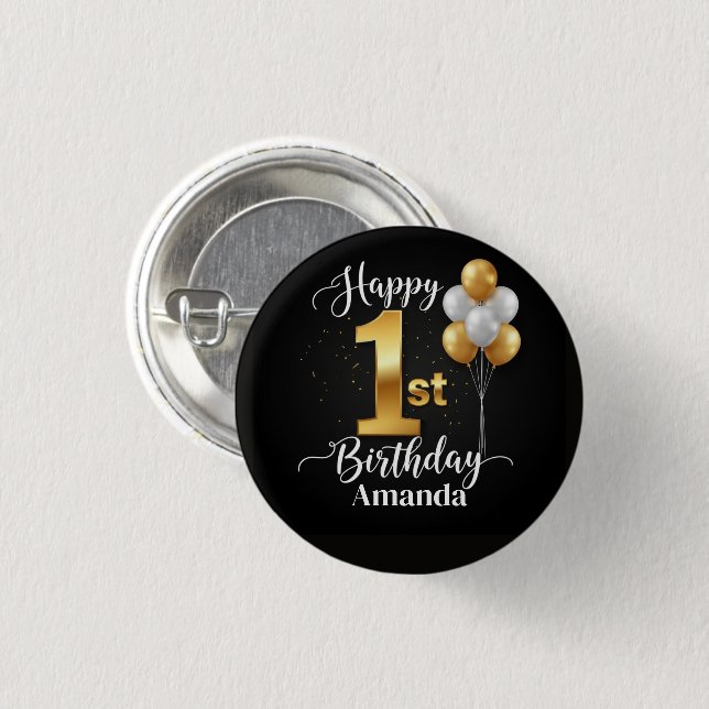 Customizable Button for 1st Birthday (Black/Gold) (Vorne & Hinten)