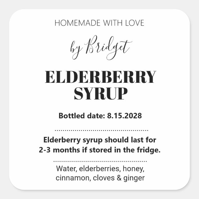 Customizable Elderberry Syrup Label ZEB_01 Quadratischer Aufkleber (Vorderseite)