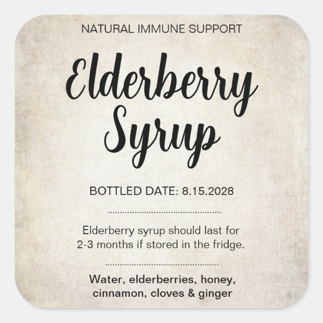 Customizable Elderberry Syrup Label ZEB_02 Quadratischer Aufkleber (Vorderseite)