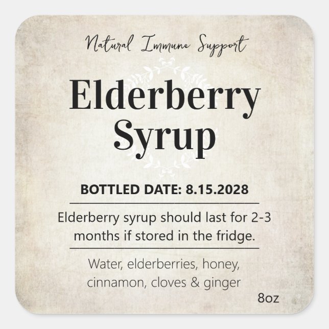 Customizable Elderberry Syrup Label ZEB_06b Quadratischer Aufkleber (Vorderseite)