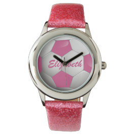 Customizable Football Soccer Ball Pink and White Armbanduhr
