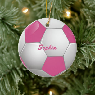 Customizable Football Soccer Ball Pink and White Keramikornament