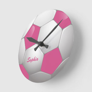Customizable Football Soccer Ball Pink and White Runde Wanduhr