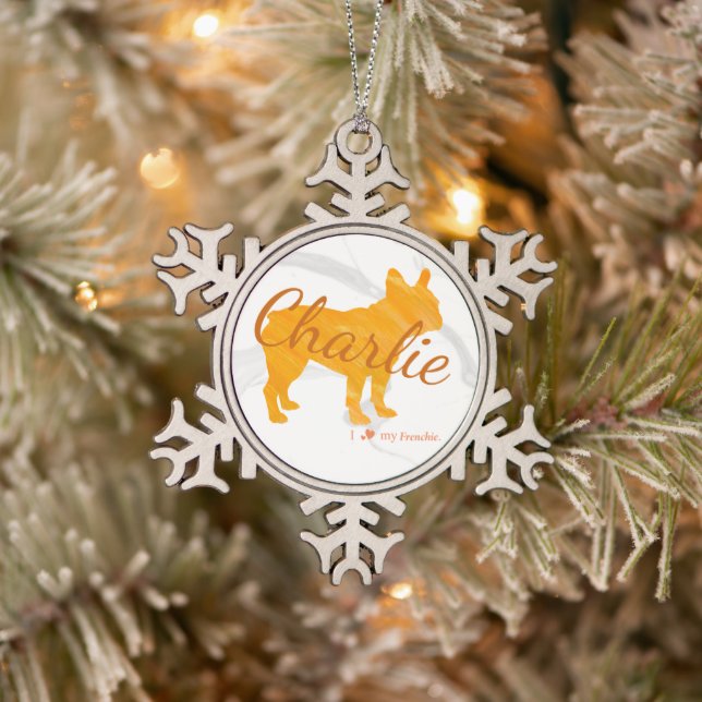 Customizable French Bulldog Pastel Orange Frenchie Schneeflocken Zinn-Ornament (Baum)
