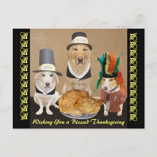 Customizable Funny Dogs Happy Thanksgiving Feiertagspostkarte (Vorderseite)
