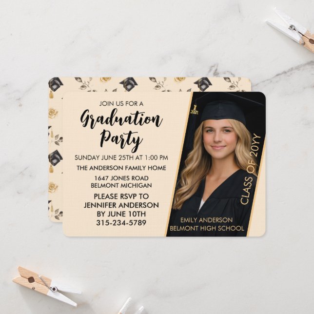 Customizable Graduation Invitation with Photo  Einladung (Vorderseite/Rückseite Beispiel)