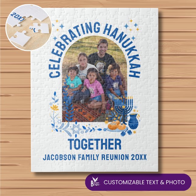 Customizable HANUKKAH FAMILY WIEDERSEHEN Souvenir (CELEBRATING HANUKKAH TOGETHER jigsaw with customizable text and photo. Ideal Chanukah gift.)