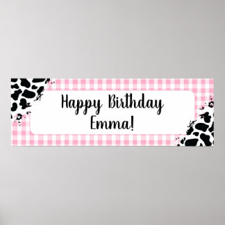 Customizable Happy Birthday Banner Pink Gingham Poster